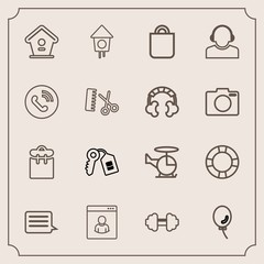 Modern, simple vector icon set with workout, celebration, door, home, male, professional, business, aircraft, sign, support, air, fitness, water, present, balloon, security, bag, call, wooden icons