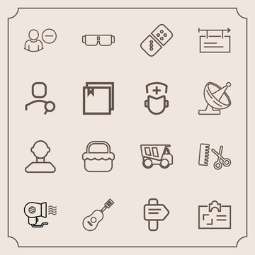Modern, simple vector icon set with dumper, way, sun, play, sign, sound, musical, male, dump, picnic, summer, professional, profile, female, sunglasses, hairdresser, card, electric, glasses, fan icons