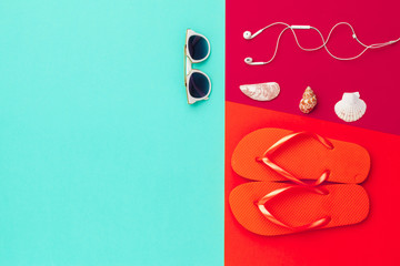 Summer holiday background, Beach accessories on color block background