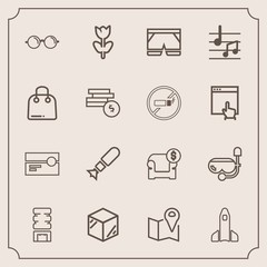 Fototapeta premium Modern, simple vector icon set with nature, eye, interior, furniture, sofa, sea, package, cooler, map, shuttle, road, flower, product, drink, modern, science, pin, box, falling, packaging, space icons