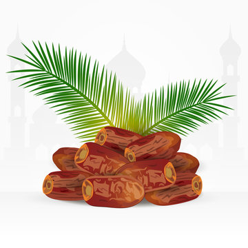 date fruits with palm leaves isolated on white background. ramadan iftar food
