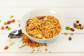 Food background of fresh baked homemade granola in bowl