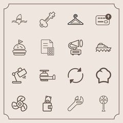 Fototapeta premium Modern, simple vector icon set with reload, surf, surfing, lock, shop, key, food, chief, transportation, wallet, cook, ventilator, interior, cool, uniform, tool, transport, fashion, home, money icons