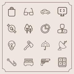 Modern, simple vector icon set with axe, eye, interior, construction, gift, screwdriver, bedroom, pistol, eyeglasses, satellite, bed, finance, open, fishing, bag, celebration, bank, antenna, rod icons