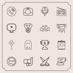 Modern, simple vector icon set with achievement, handle, background, music, first, ventilator, microphone, cooler, picture, film, light, scene, equipment, award, operator, help, circle, electric icons