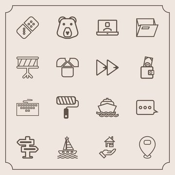 Modern, simple vector icon set with room, office, roll, doorknob, door, roller, paint, yacht, paper, hanger, map, boat, property, nature, computer, message, rent, bear, ocean, folder, file, sign icons