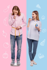 Extra weight. Emotional worried man looking at the scales while standing on them with a laughing girlfriend by his side