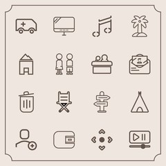 Modern, simple vector icon set with button, pc, trash, laptop, camp, furniture, internet, cash, player, way, car, garbage, travel, can, money, palm, note, summer, computer, delete, chair, arrow icons