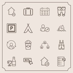 Modern, simple vector icon set with red, home, baggage, coffee, travel, drink, work, structure, people, removal, refresh, real, checklist, uniform, airport, price, box, timetable, hierarchy, buy icons