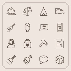 Modern, simple vector icon set with paintbrush, object, travel, bag, message, shovel, camp, product, paint, fashion, woman, balance, music, brush, boat, equipment, measurement, office, bubble icons