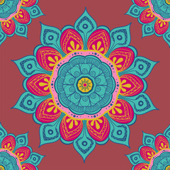 Flower mandala colorful background for cards, prints, textile and coloring books. Seamless pattern