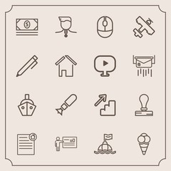 Modern, simple vector icon set with downstairs, ship, bomb, medal, down, presentation, estate, sea, gold, meeting, dessert, coin, house, falling, water, life, war, real, stamp, weapon, buoy, up icons