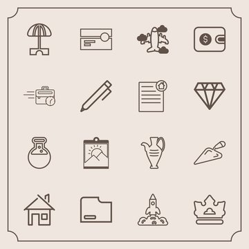 Modern, simple vector icon set with aircraft, photo, home, space, sign, medicine, summer, royal, flight, travel, pottery, frame, vase, queen, building, house, launch, cassette, jug, stereo, tool icons