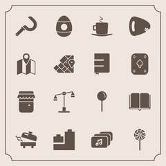 Modern, simple vector icon set with guitar, pin, cafe, education, map, cappuccino, textbook, agriculture, justice, ball, coffee, judge, book, candy, harvest, library, balance, food, water, play icons