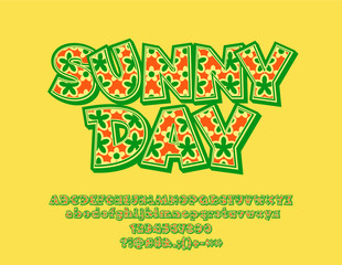 Vector bright text Sunny Day. Floral pattern Font. Decorative Alphabet Letters, Numbers and Symbols for Children