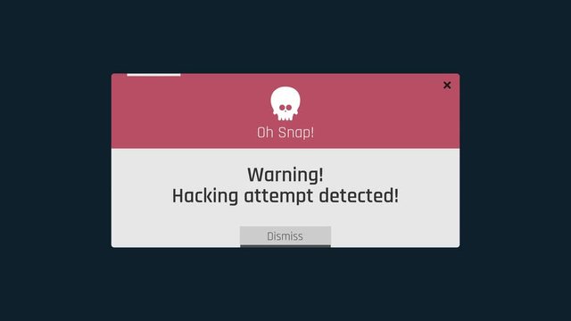Warning, hacking attempt detected, computer alert message, antivirus online. Screen text with warning message