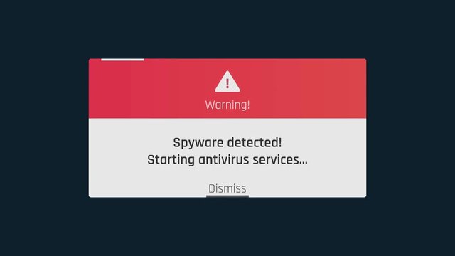 Spyware detected, starting antivirus warning text on screen, hacking attempt. Hacking attack, malware detected, data encryption