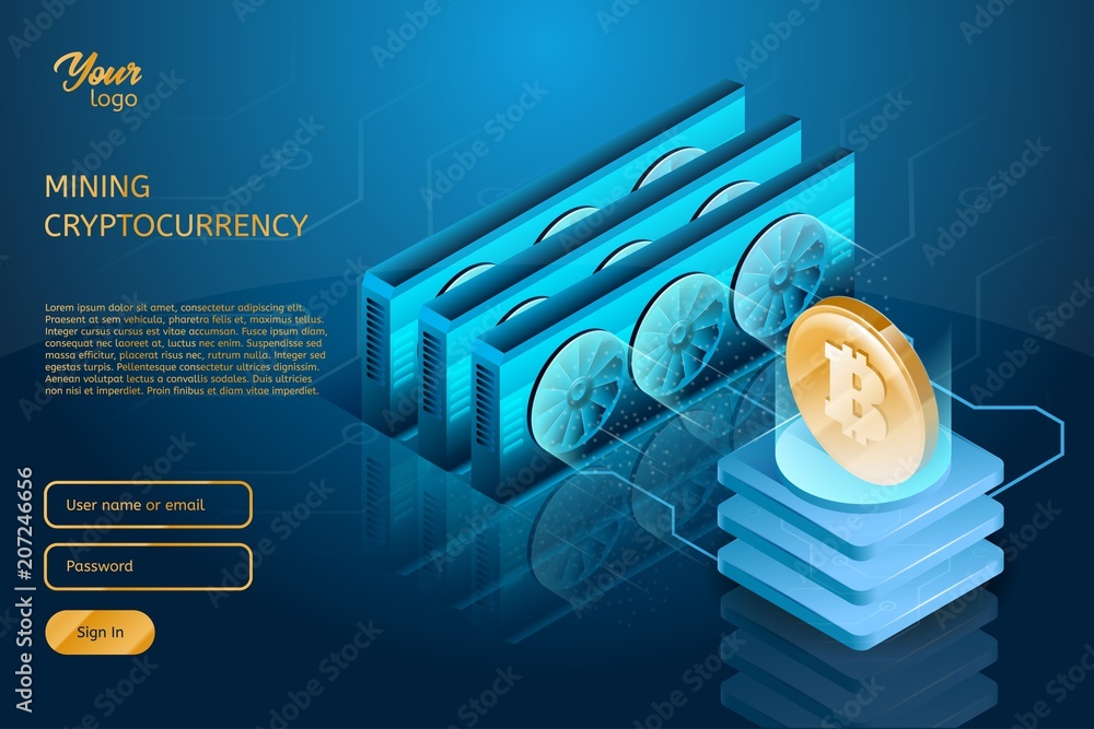 Poster process of mining the bitcoin cryptocurrency. blockchain technology or system. server farm and equip