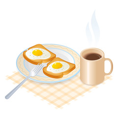 Flat isometric illustration of plate with scrambled eggs on the toasts, a cup of coffee. The fried chicken eggs on a crisp bread on the the dish, a mug of hot coffee. The breakfast vector concept.