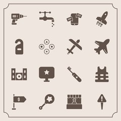 Modern, simple vector icon set with jacket, equipment, supermarket, care, faucet, rattle, speaker, sink, store, money, location, sign, rocket, clean, food, communication, star, bathroom, infant icons