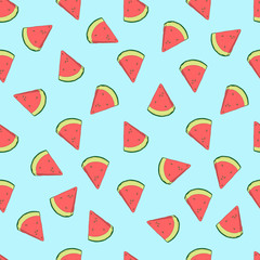 Pattern of sweet juicy pieces watermelon, slices with seed Vector background, illustration