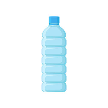 Empty plastic bottle with blue lid. Transparent container for drinking water. Flat vector element for promo banner or poster