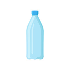 Plastic bottle with blue lid for drinking water. Transparent container for liquids. Flat vector element for banner, poster or flyer