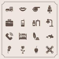 Modern, simple vector icon set with blossom, food, phone, music, technology, control, girl, flower, delivery, button, transportation, fish, sound, cable, karaoke, seafood, lips, truck, sign, sea icons