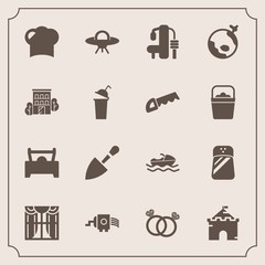 Modern, simple vector icon set with tower, cooking, window, shovel, sea, ocean, ufo, tool, romance, vessel, cheese, building, medieval, wedding, gym, curtain, space, exercise, pepper, boat, food icons