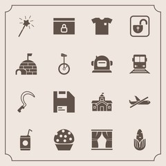 Modern, simple vector icon set with website, diskette, sickle, gardening, plane, corn, food, new, home, liquid, magic, lock, beverage, fashion, clothing, drink, unlock, house, dessert, cake, web icons