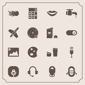 Modern, simple vector icon set with glass, lips, sign, accounting, cup, cafe, sink, drink, teeth, sound, image, alcohol, frame, female, calculator, bathroom, comet, map, water, business, picture icons