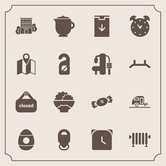 Modern, simple vector icon set with grain, vacation, trailer, teapot, business, water, web, heater, download, alarm, tea, food, time, drink, sweet, road, agriculture, breakfast, holiday, house icons