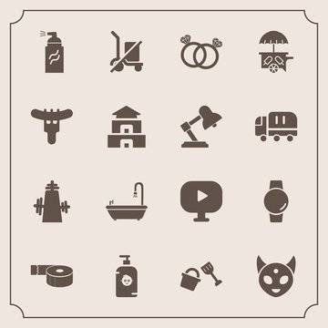 Modern, simple vector icon set with shovel, office, paint, fun, food, time, video, shipping, tape, smart, van, watch, fiction, bathroom, wedding, happy, adhesive, diamond, monster, ice, scale icons