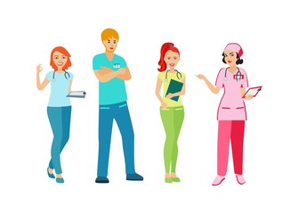 Obraz premium Doctors and nurses in uniform. People with a medical profession. Medical staff. Isolated icon on white background. Vector illustration.