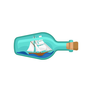 Glass bottle with wooden ship inside. Miniature model of sailing vessel on waves. Flat vector design for poster or banner of store