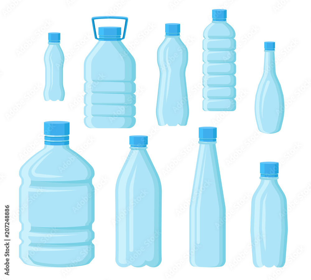 Poster flat vector set of empty plastic bottles in different shapes. transparent containers for water. elem