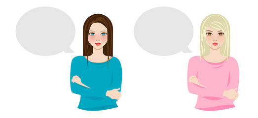 Woman cartoon character crossing arm. Beautiful girls with speech balloon isolated on white