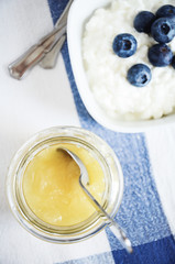 Whole raw blueberries with cottage cheese and lemon curd. Light and healthy breakfast or snack.