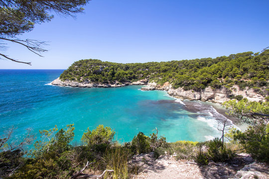 Panorama view of Cala Mitjana, Menorca, Spain