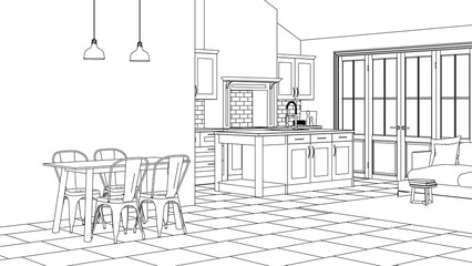Modern interior of the house. Design project. Sketch. 3D rendering.