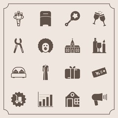 Modern, simple vector icon set with real, plane, service, gift, house, diagram, communication, dress, estate, celebration, toy, alcohol, airplane, delivery, ticket, double, wine, rattle, drink icons