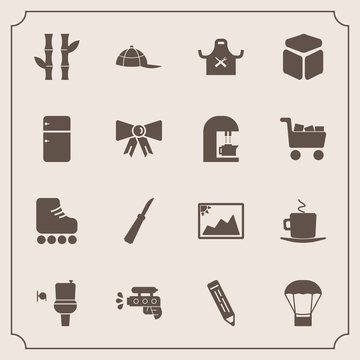 Modern, simple vector icon set with skate, restroom, chief, fun, clothing, nature, kitchen, picture, balloon, bamboo, plant, play, pen, cafe, pencil, air, hat, coffee, leisure, hot, toilet, gun icons