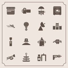 Modern, simple vector icon set with photographer, kitchen, plate, milk, ice, schedule, music, nutrition, camera, airplane, vehicle, exploration, wash, spaceship, bottle, scan, science, sound icons