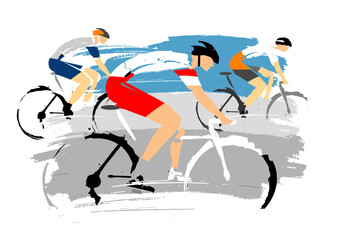 Obraz premium Road Cycling race, grunge Stylized. Illustration of three cyclists in full speed on the brush stroke grunge background. Imitation of hand drawing. Vector available. 