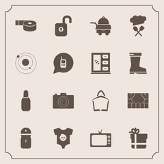 Modern, simple vector icon set with salt, screen, ball, spice, box, planet, kid, tape, clothes, sticky, bed, sale, camera, bowling, photography, seasoning, package, photo, , hotel, baby, theater icons