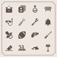 Modern, simple vector icon set with kid, orchestra, pack, weapon, musical, infant, cardboard, food, card, id, ball, work, football, medicine, game, white, sign, tool, water, equipment, eraser icons