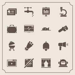 Modern, simple vector icon set with barbecue, megaphone, astronaut, grill, ring, chart, floral, alarm, food, report, bouquet, dont, space, bathroom, document, meat, microscope, bag, flower, home icons