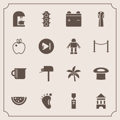 Modern, simple vector icon set with glass, equipment, transparent, mail, watermelon, caffeine, battery, cafe, traffic, light, espresso, food, summer, palm, nature, baby, child, water, mailbox icons