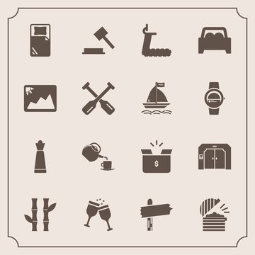 Modern, simple vector icon set with box, judge, car, vehicle, coffee, restaurant, wine, sign, nature, way, piece, game, arrow, bed, drink, asia, strategy, asian, food, package, cardboard, king icons