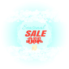 Vector advertising poster of Seasonal Sale on the light blue background with hearts, text and shopping bag in the center.